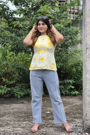 Yellow Sleeveless Kurti with Marble Print and Unique Back Design