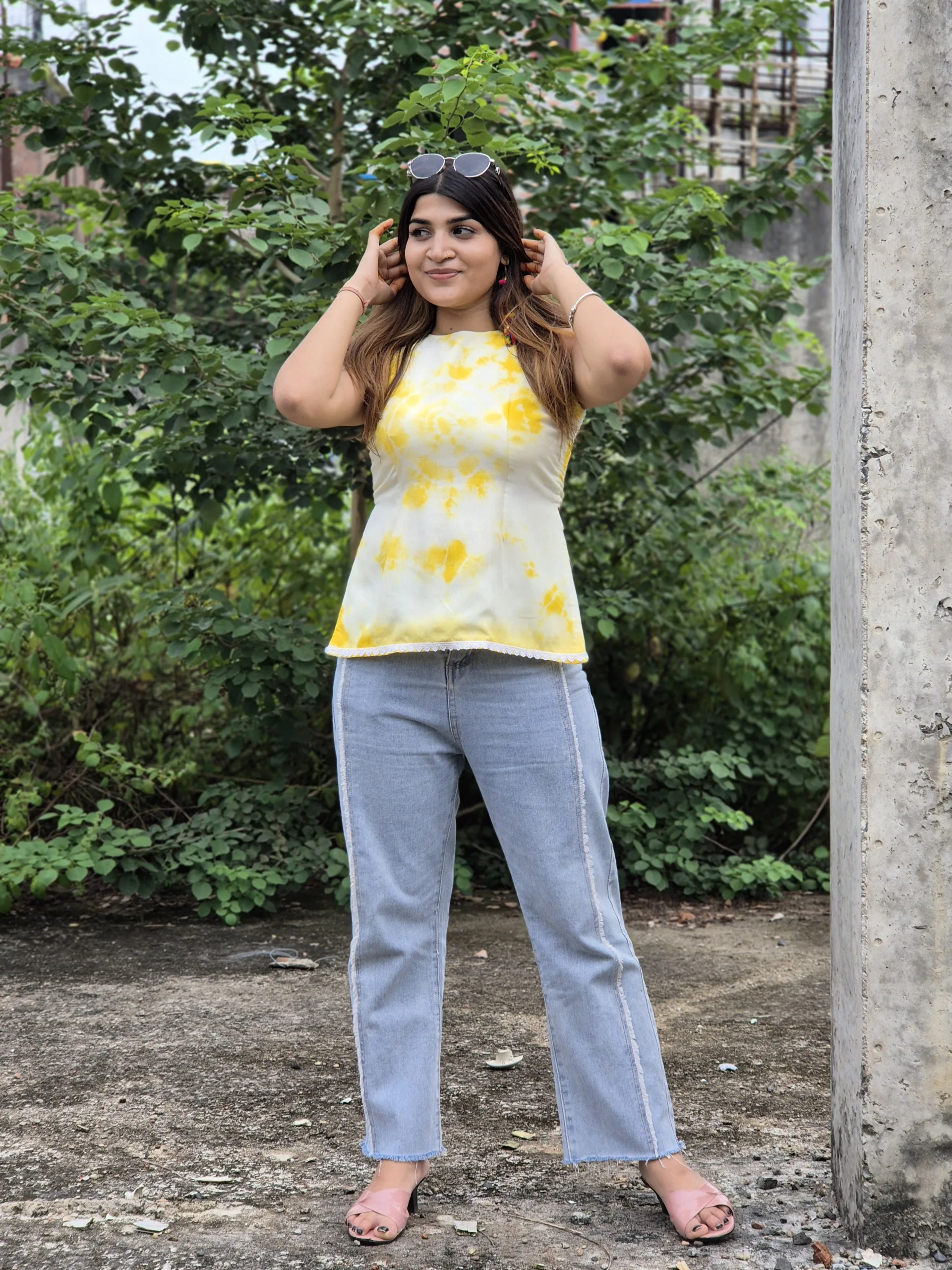 Yellow Sleeveless Kurti with Marble Print and Unique Back Design
