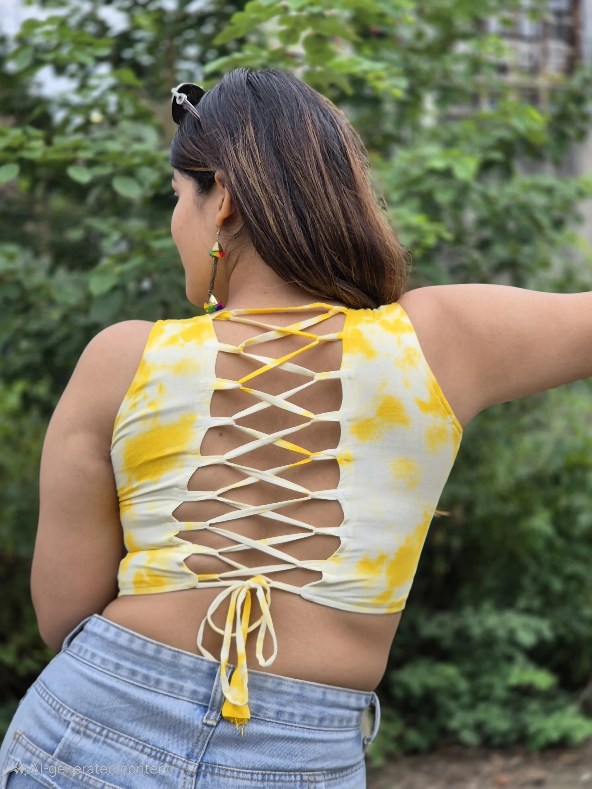 Yellow Sleeveless Kurti with Marble Print and Unique Back Design - Image 4