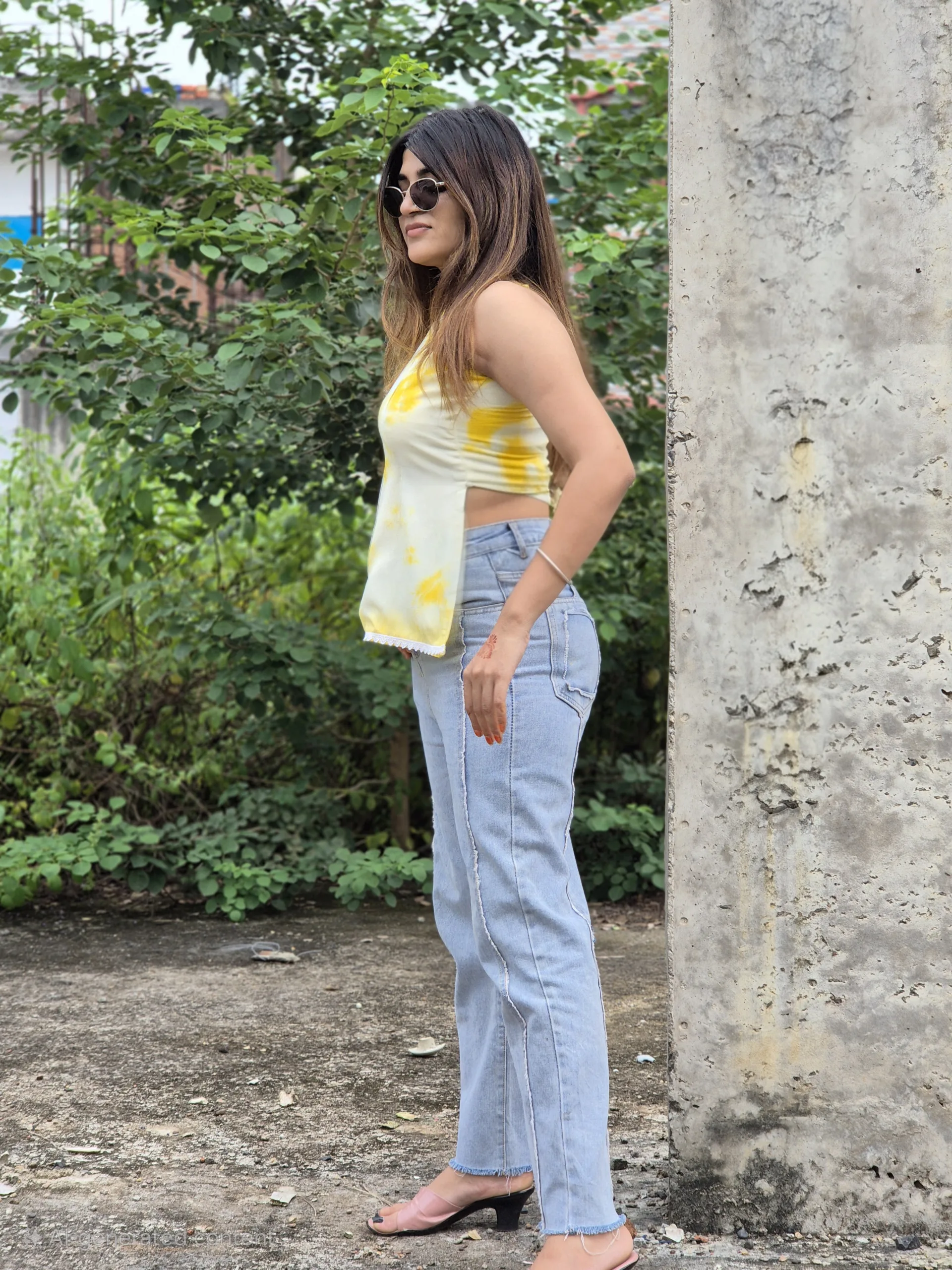 Yellow Sleeveless Kurti with Marble Print and Unique Back Design - Image 3