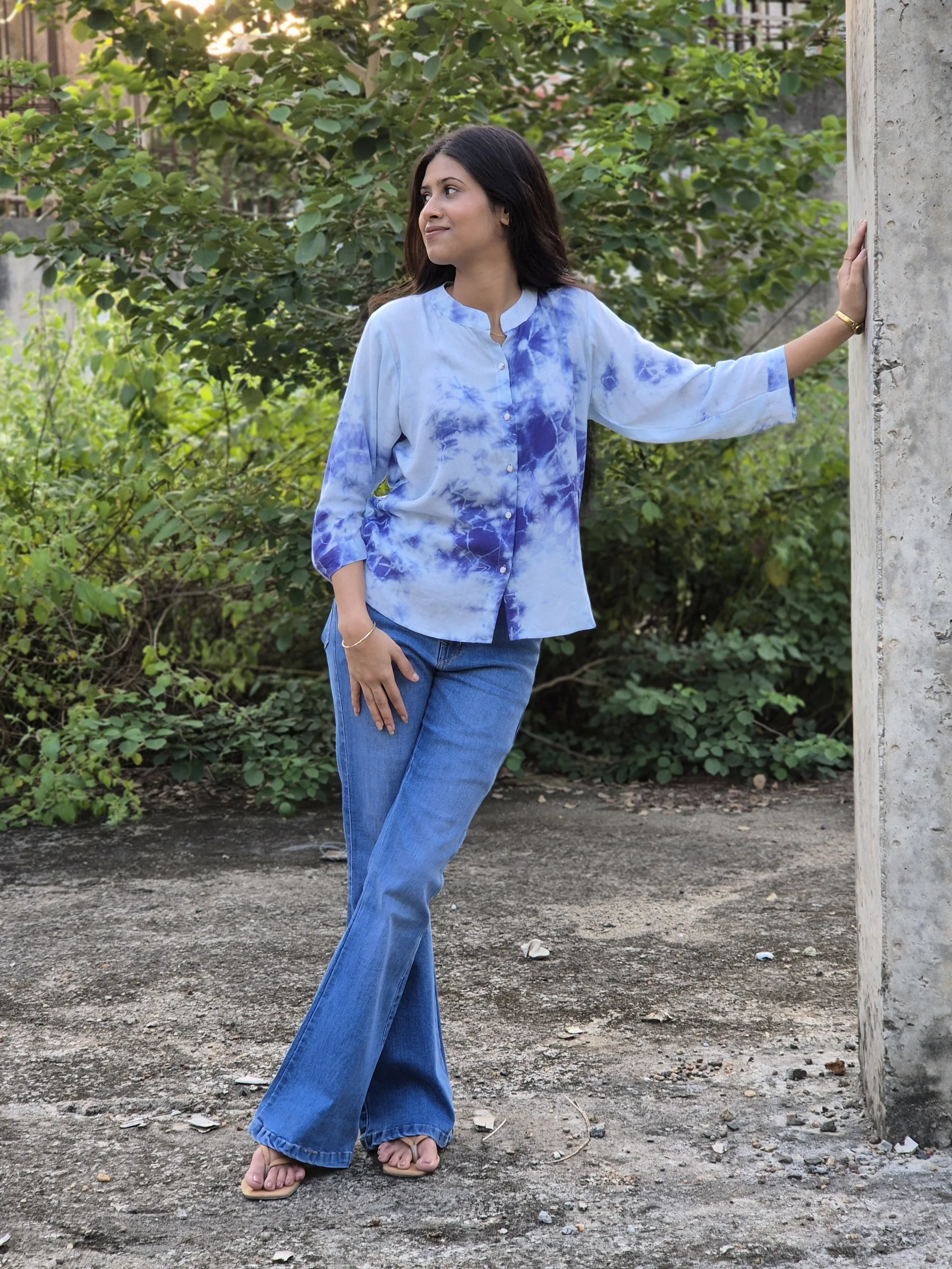 Blue Marble Print Oversized Cotton Shirt with Stand Collar For Woman - Image 2