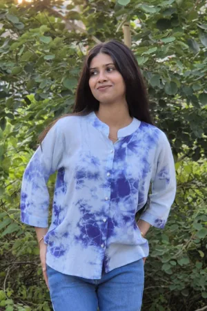 Blue Marble Print Oversized Cotton Shirt For Woman