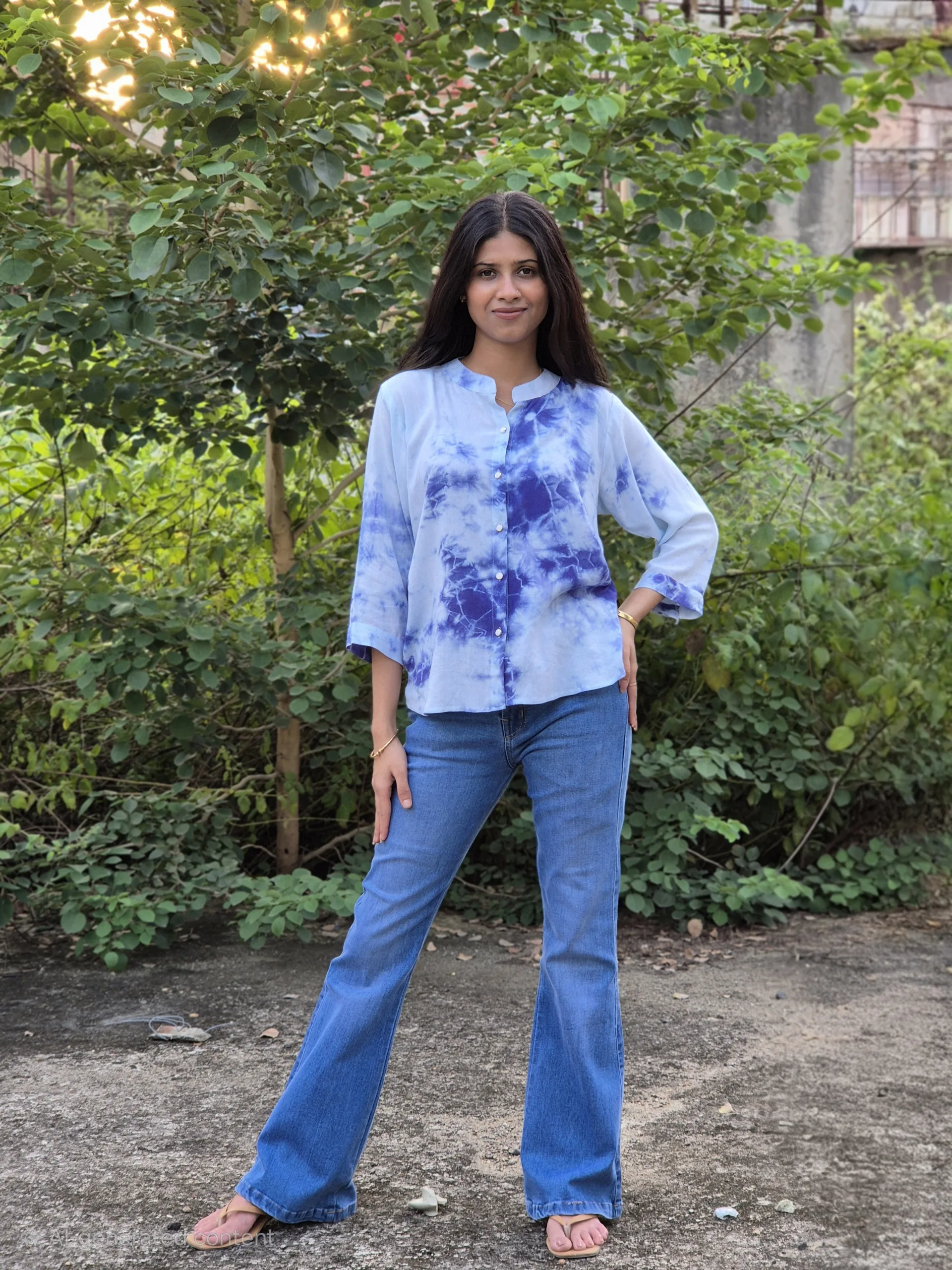 Blue Marble Print Oversized Cotton Shirt with Stand Collar For Woman - Image 3