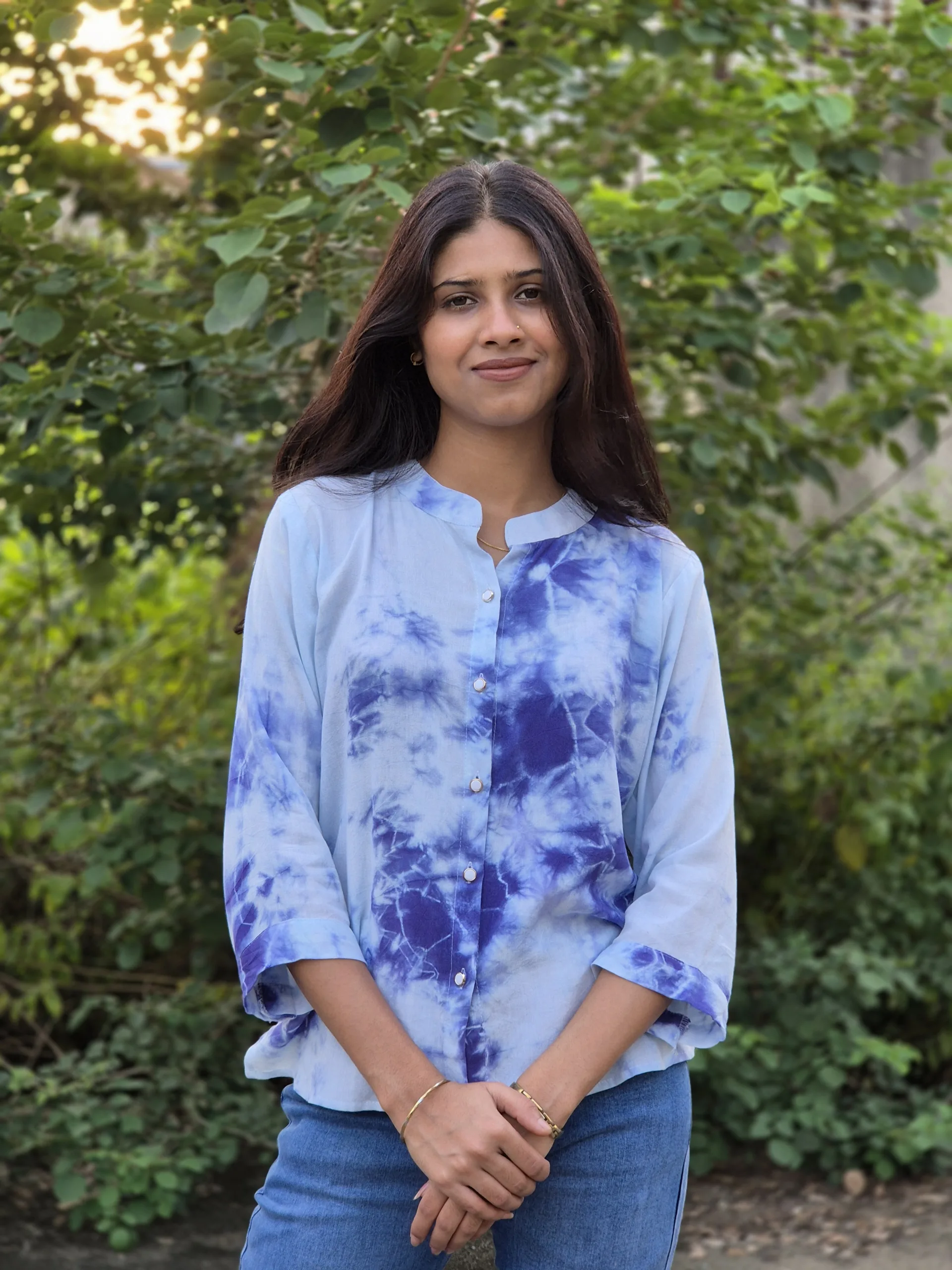 Blue Marble Print Oversized Cotton Shirt with Stand Collar For Woman - Image 5