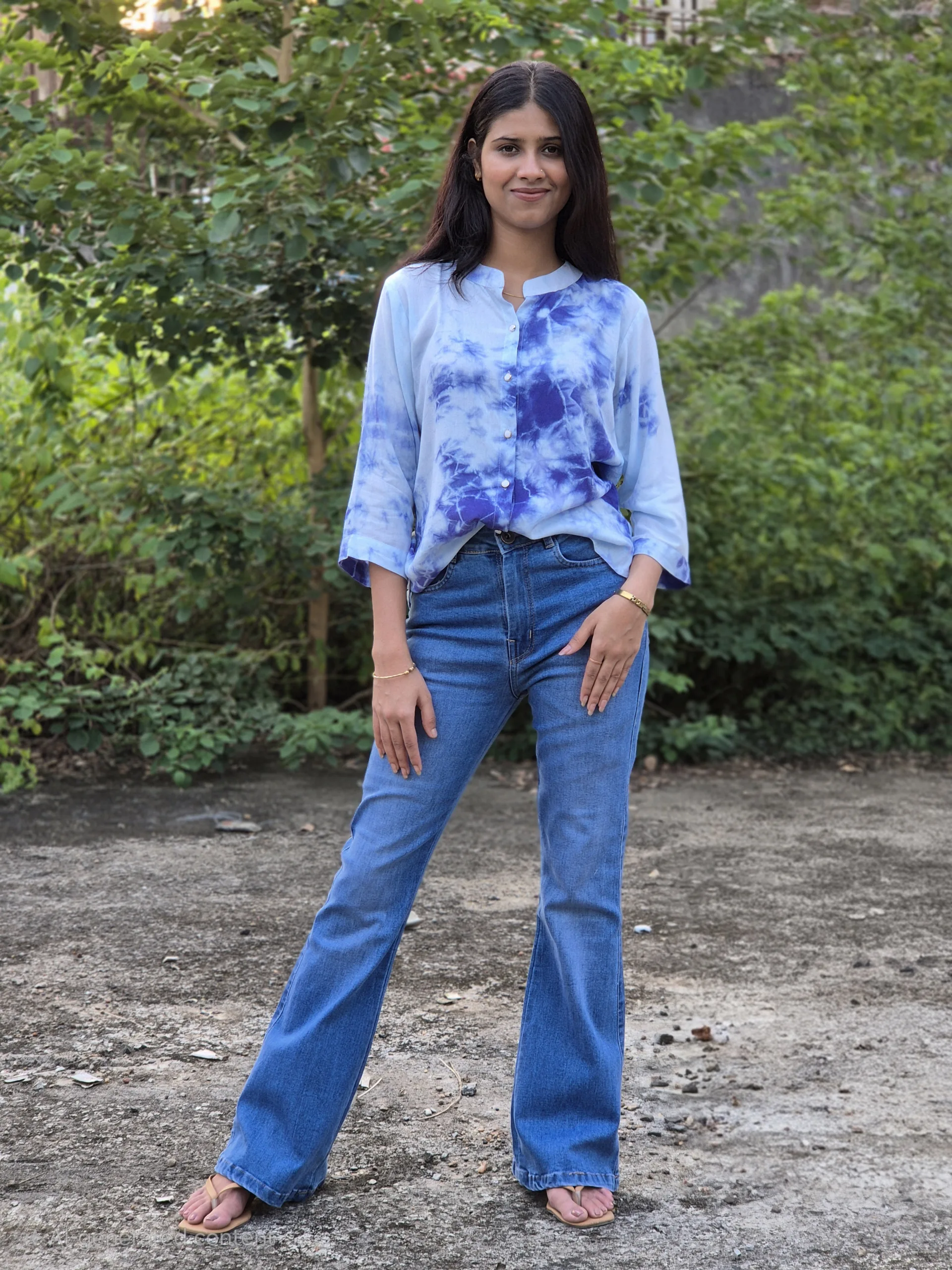 Blue Marble Print Oversized Cotton Shirt with Stand Collar For Woman - Image 4