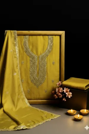 Exquisite Handcrafted Zari & Sequin Embroidered Silk Suit Material with Scalloped Dupatta