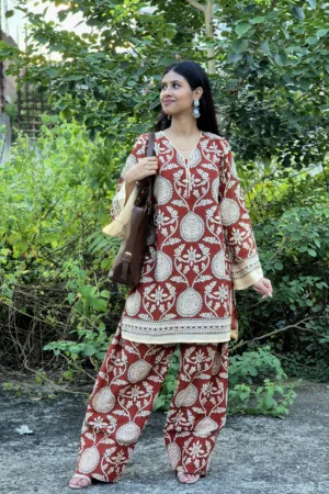 Elegant Block Print Farshi Salwar Cot Set with Bell Sleeves