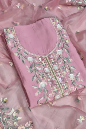 Blush Pink Embroidered Suit Set with Organza Dupatta