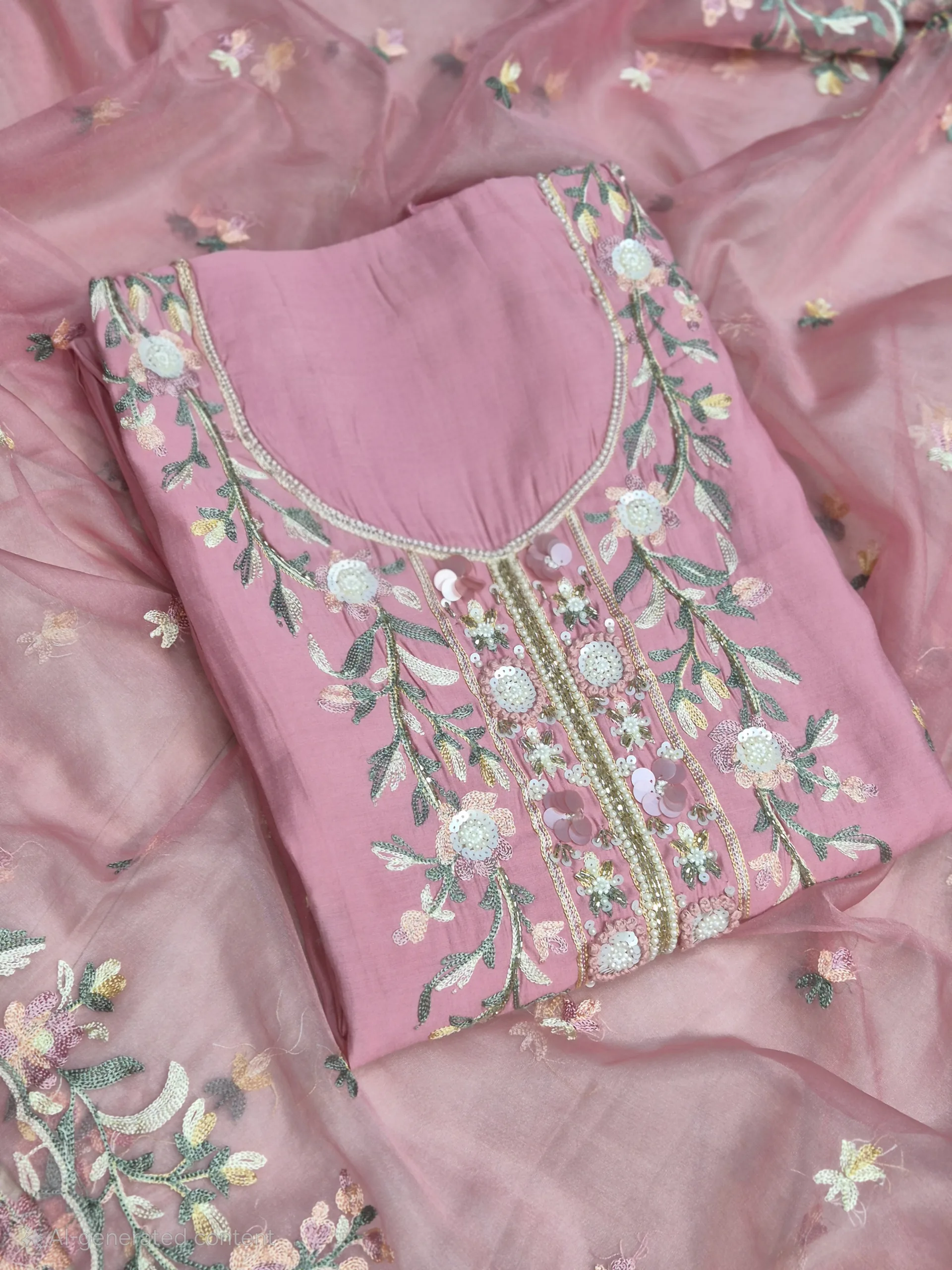 Blush Pink Embroidered Suit Set with Organza Dupatta