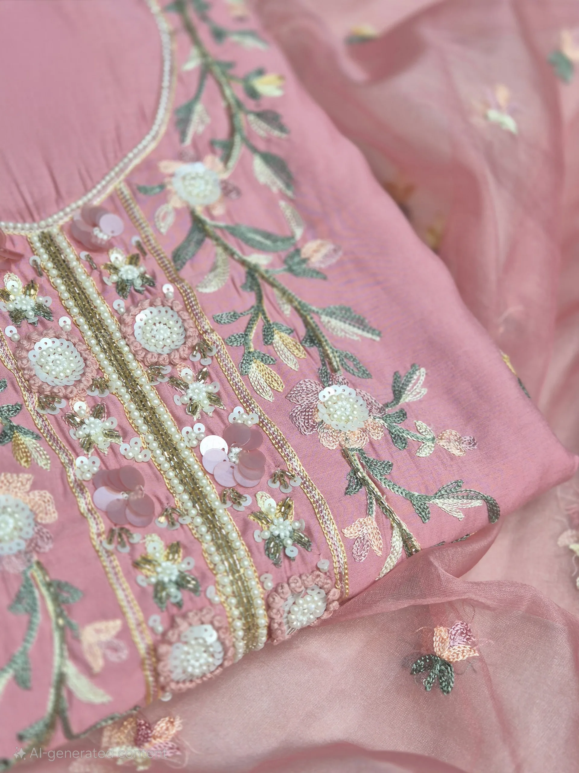 Blush Pink Embroidered Suit Set with Organza Dupatta - Image 2