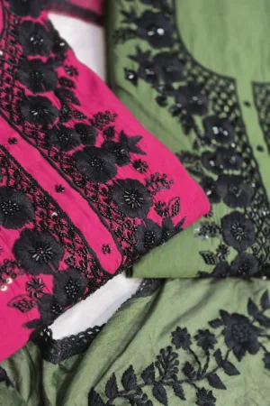 Hot Pink & Olive Green Embroidered Suit Set with Black Thread Work