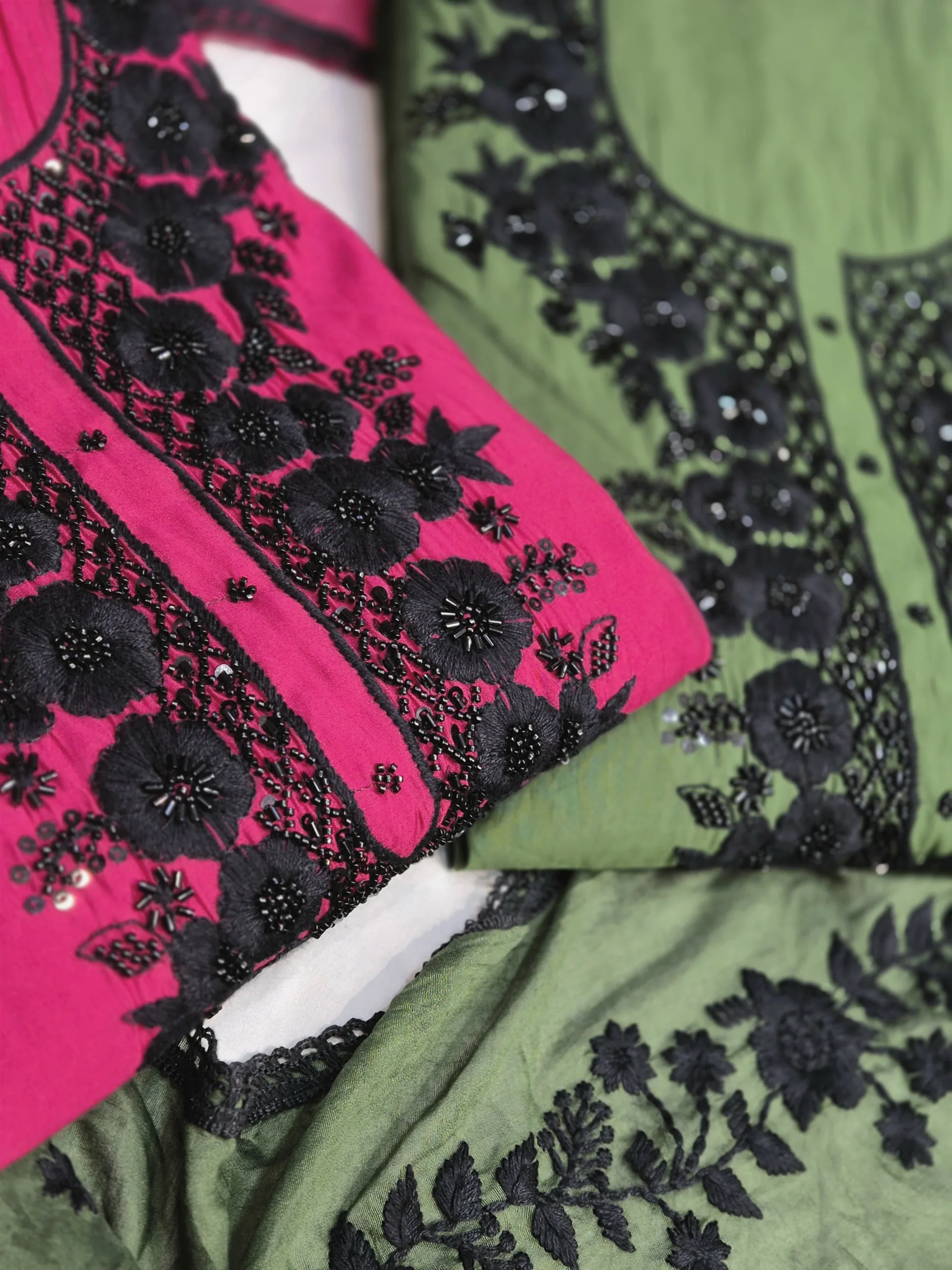 Hot Pink & Olive Green Embroidered Suit Set with Black Thread Work