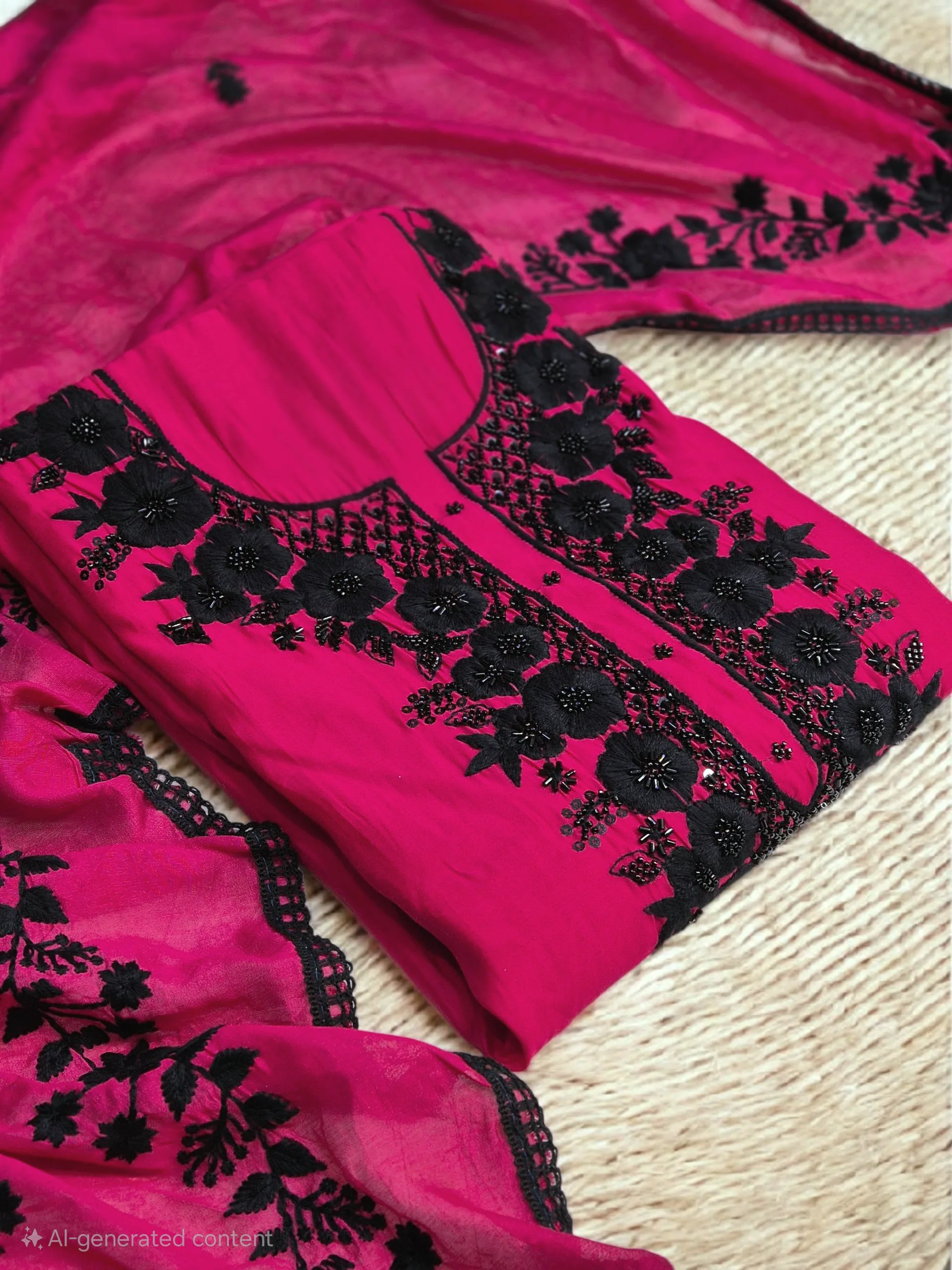 Hot Pink & Olive Green Embroidered Suit Set with Black Thread Work - Image 2