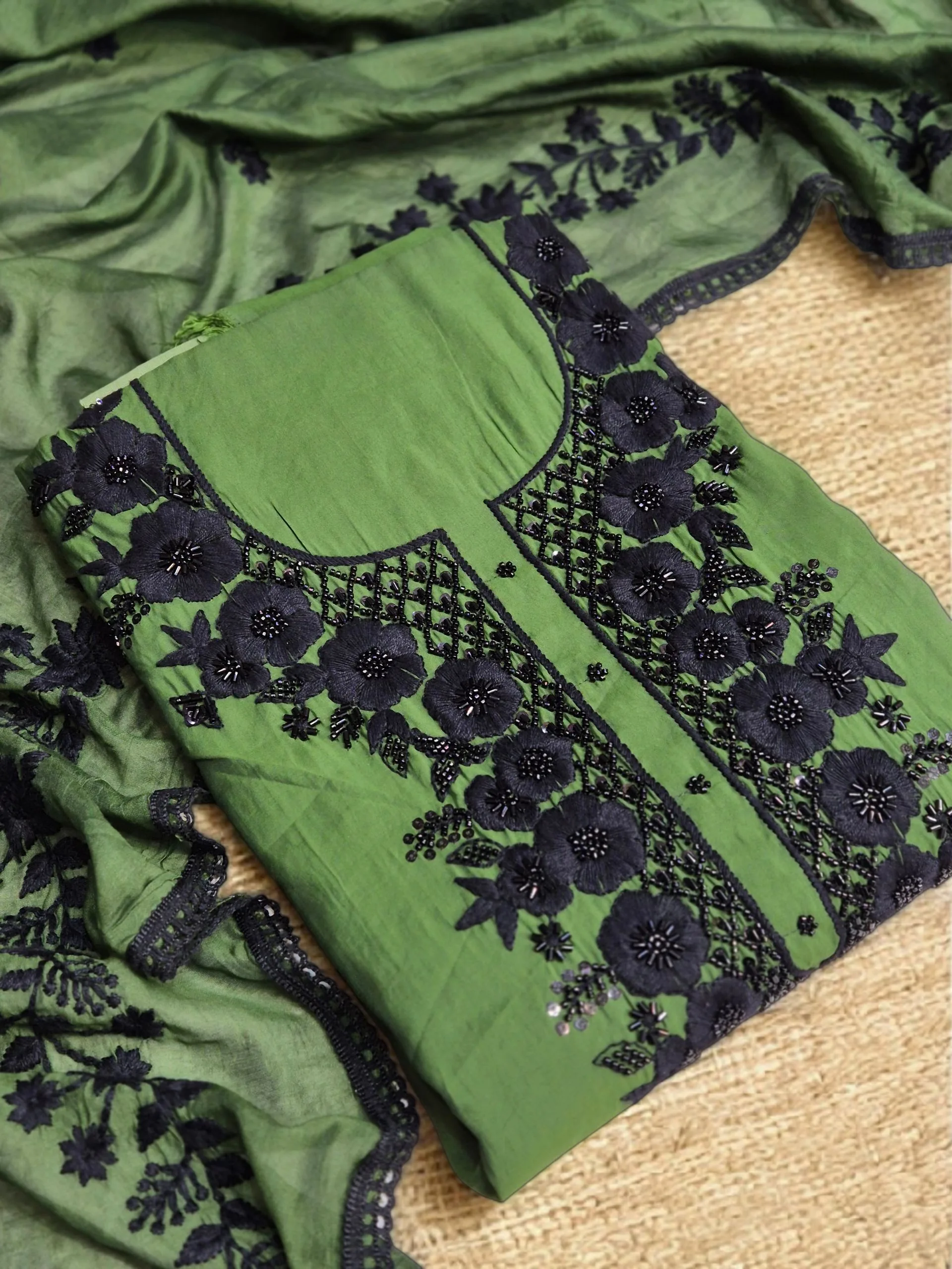 Hot Pink & Olive Green Embroidered Suit Set with Black Thread Work - Image 3