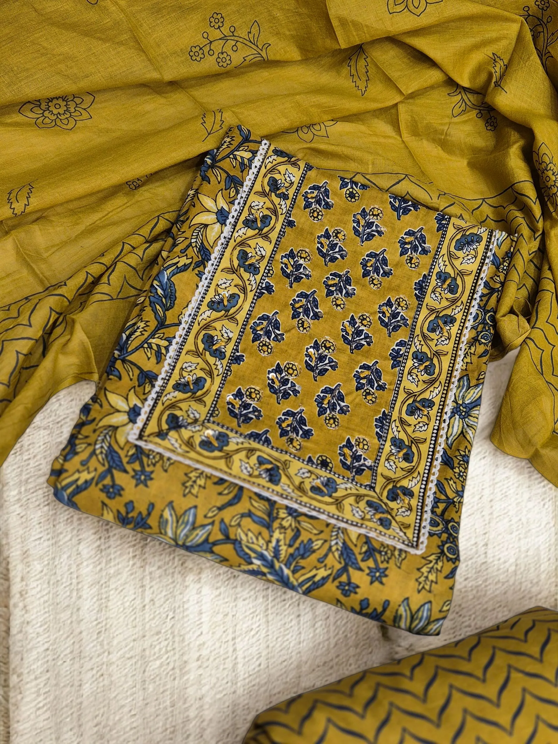 Mustard Bagru Print Dress Material with Zari-Enhanced Neck Motif - Image 2