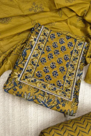 Mustard Bagru Print Dress Material with Zari-Enhanced Neck Motif