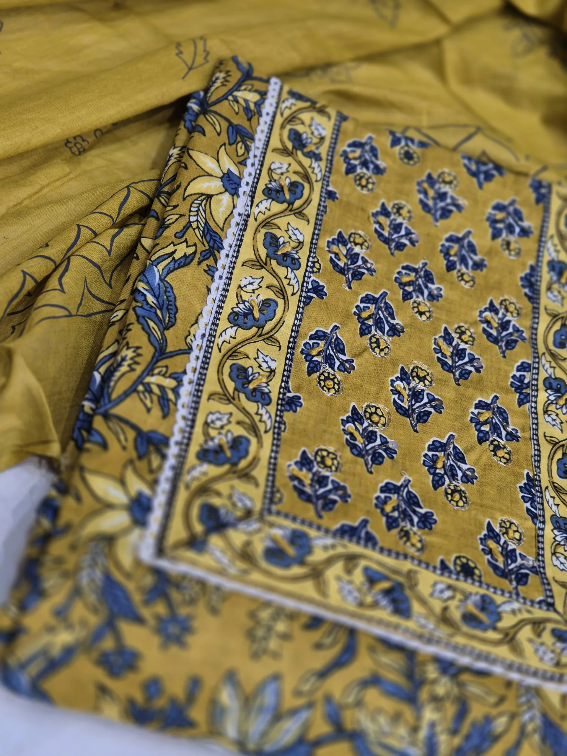 Mustard Bagru Print Dress Material with Zari-Enhanced Neck Motif - Image 3