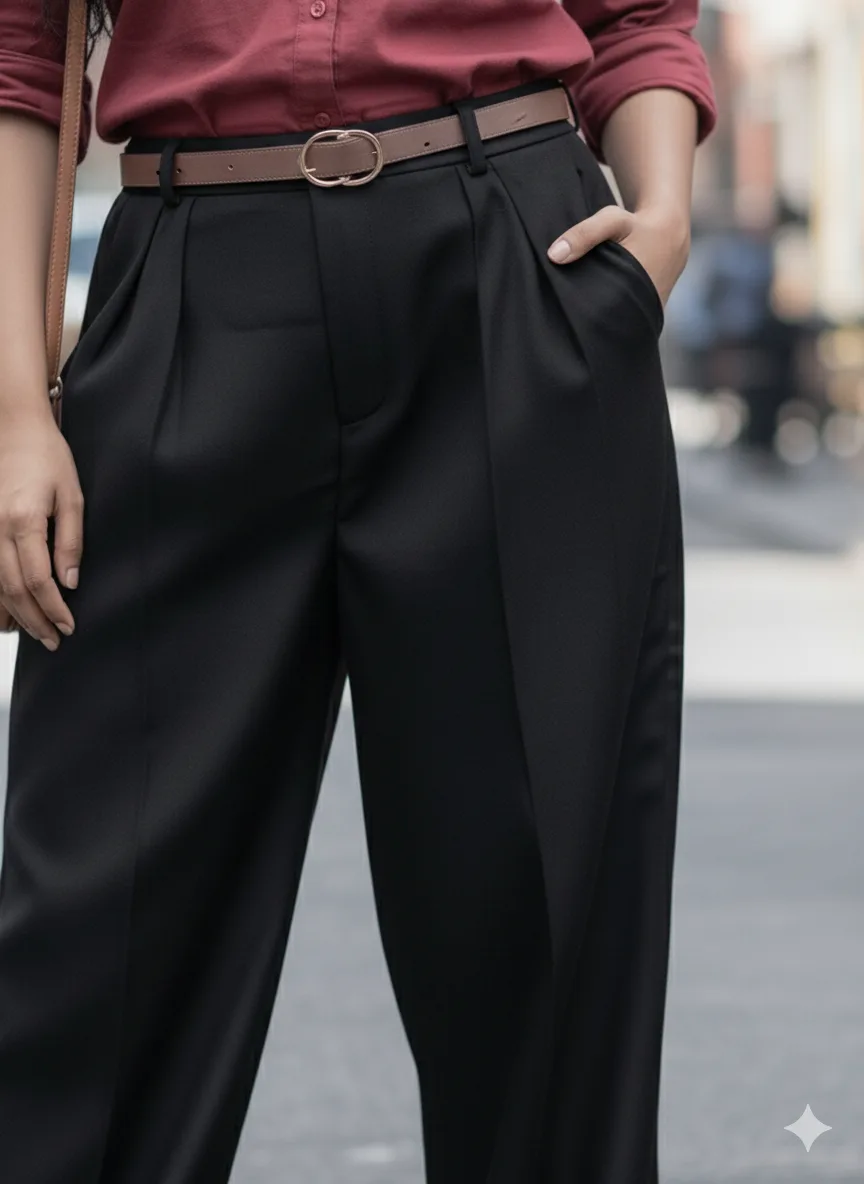 High-Waist Pleated Black Korean Wide-Leg Trousers - Image 2