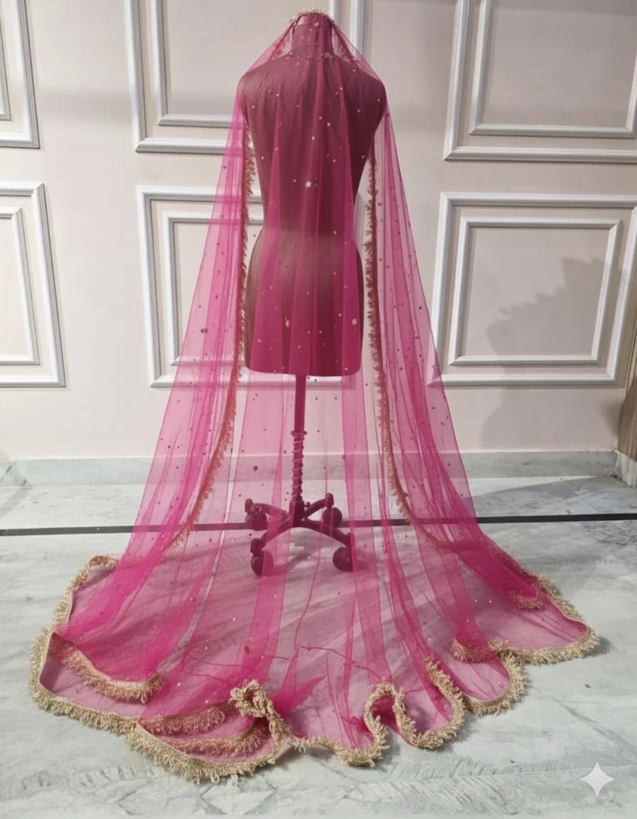 Hot Pink Bridal Veil with Premium Golden Frill Border & Sequin Work - Image 2