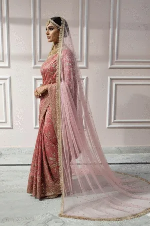 Baby Pink Bridal Veil with Golden Frill Border & Soft Sequin Detailing