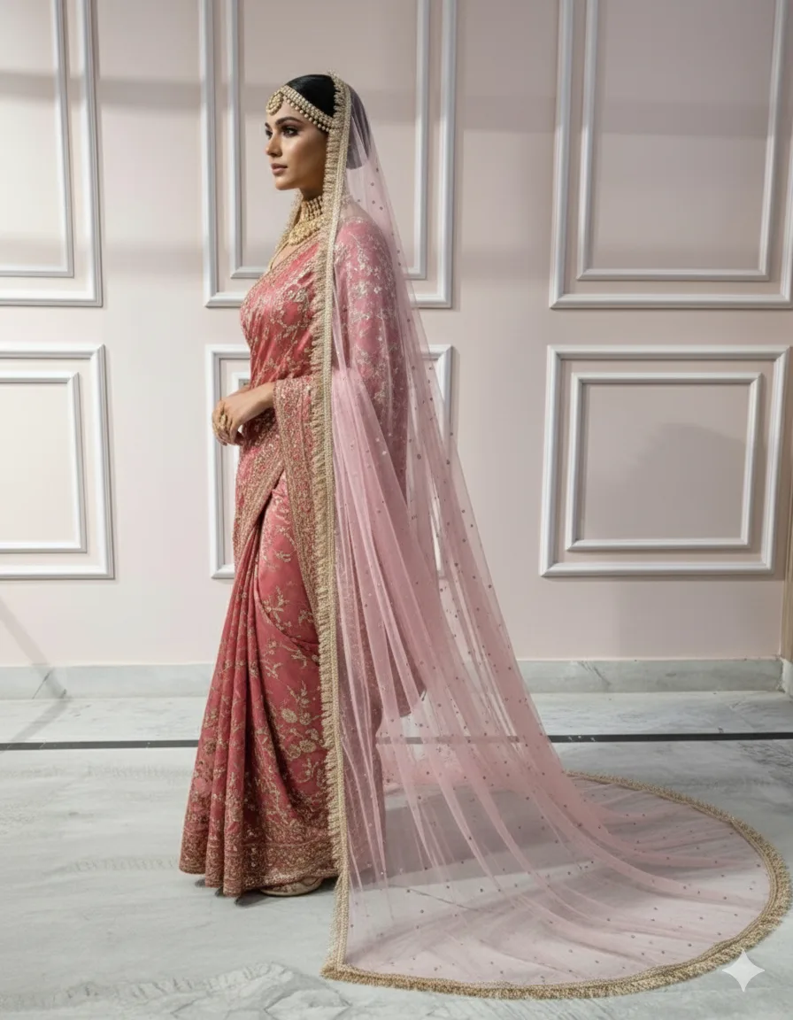 Baby Pink Bridal Veil with Golden Frill Border & Soft Sequin Detailing