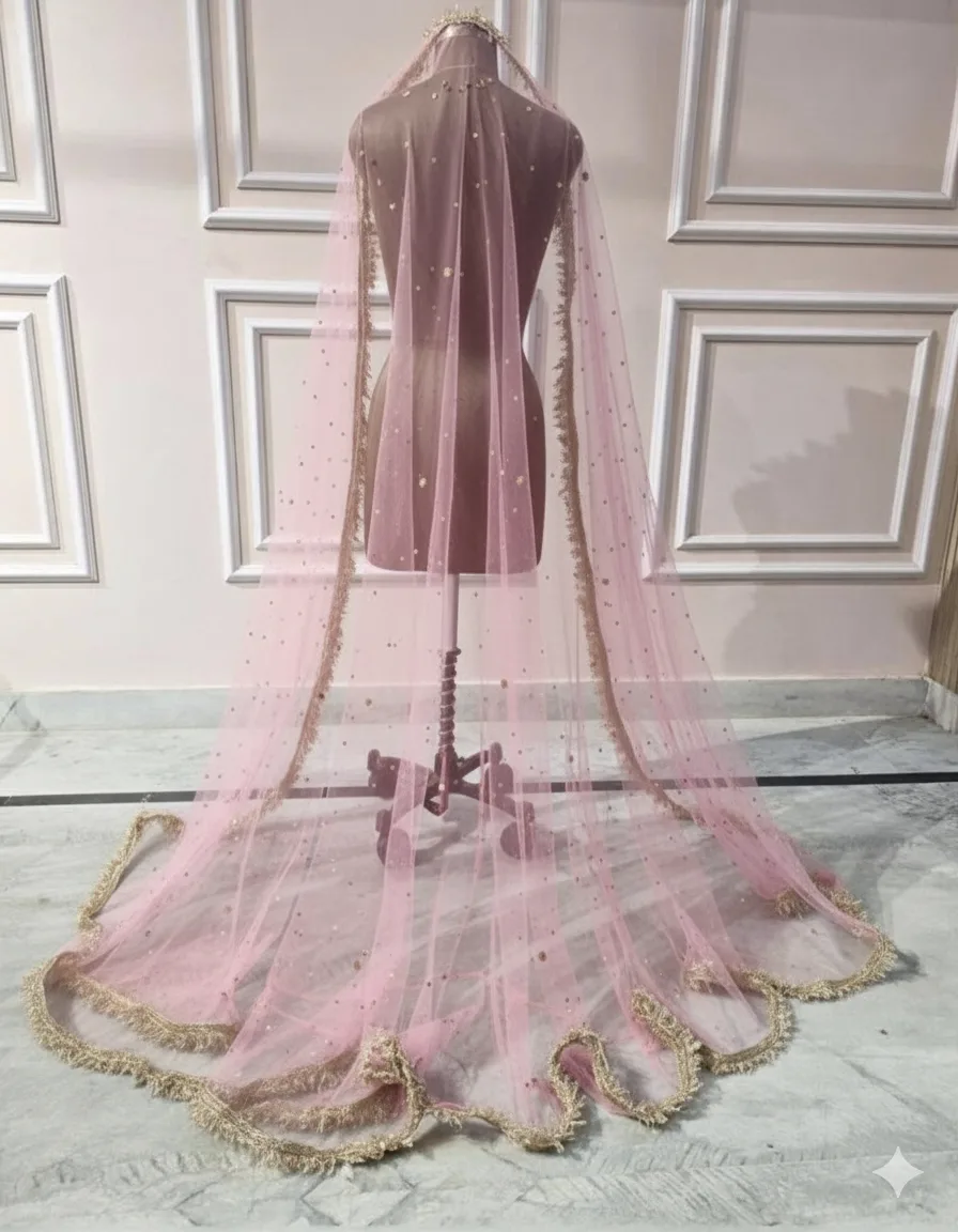 Baby Pink Bridal Veil with Golden Frill Border & Soft Sequin Detailing - Image 2