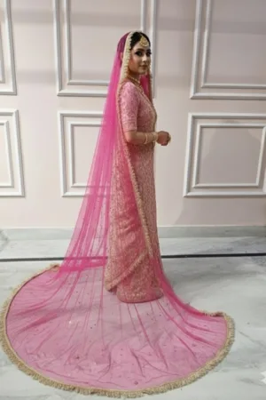 Hot Pink Bridal Veil with Premium Golden Frill Border & Sequin Work