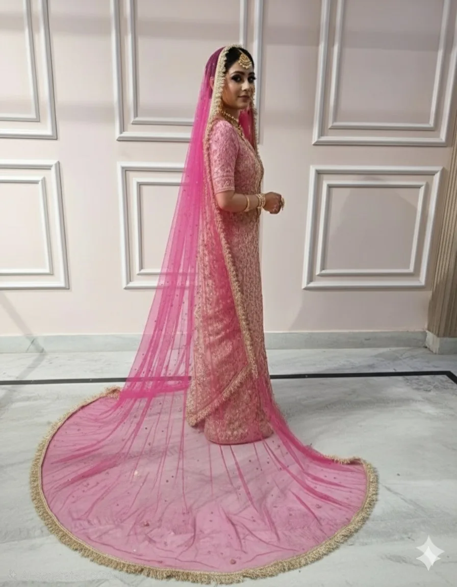 Hot Pink Bridal Veil with Premium Golden Frill Border & Sequin Work