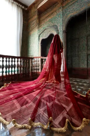 Maroon Bridal Veil with Golden Frill Border & Sequin Embellishments