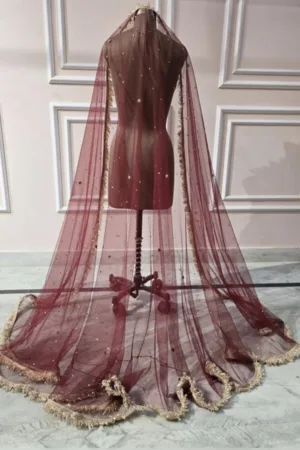 Maroon Bridal Veil with Golden Frill Border & Sequin Embellishments