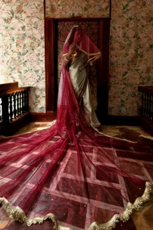 Mehroon Detachable Bridal Veil Dupatta