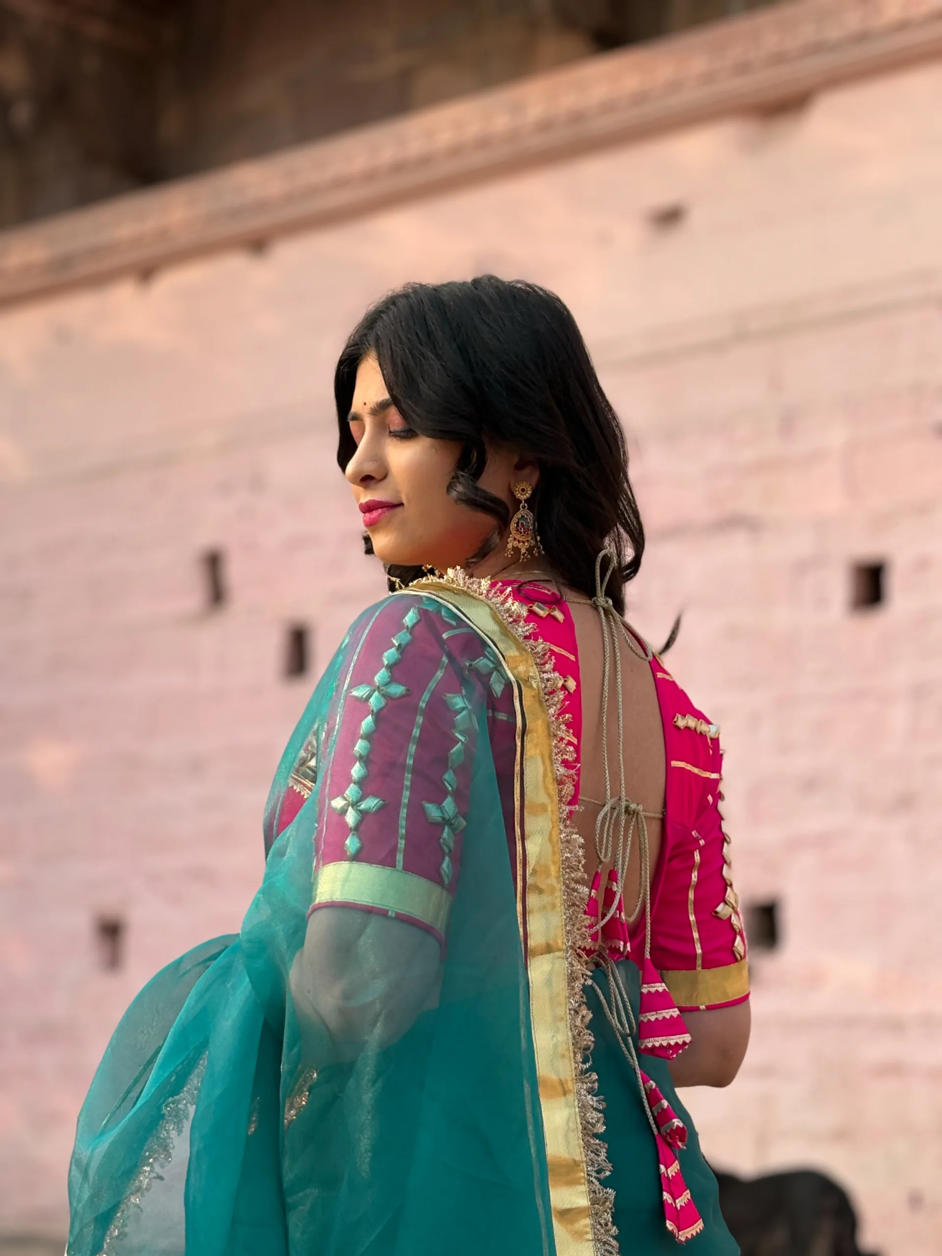 Siya Angi Saree – Teal Green Organza Saree with Gota Hand Work & Bright Pink Rajputi Blouse - Image 4