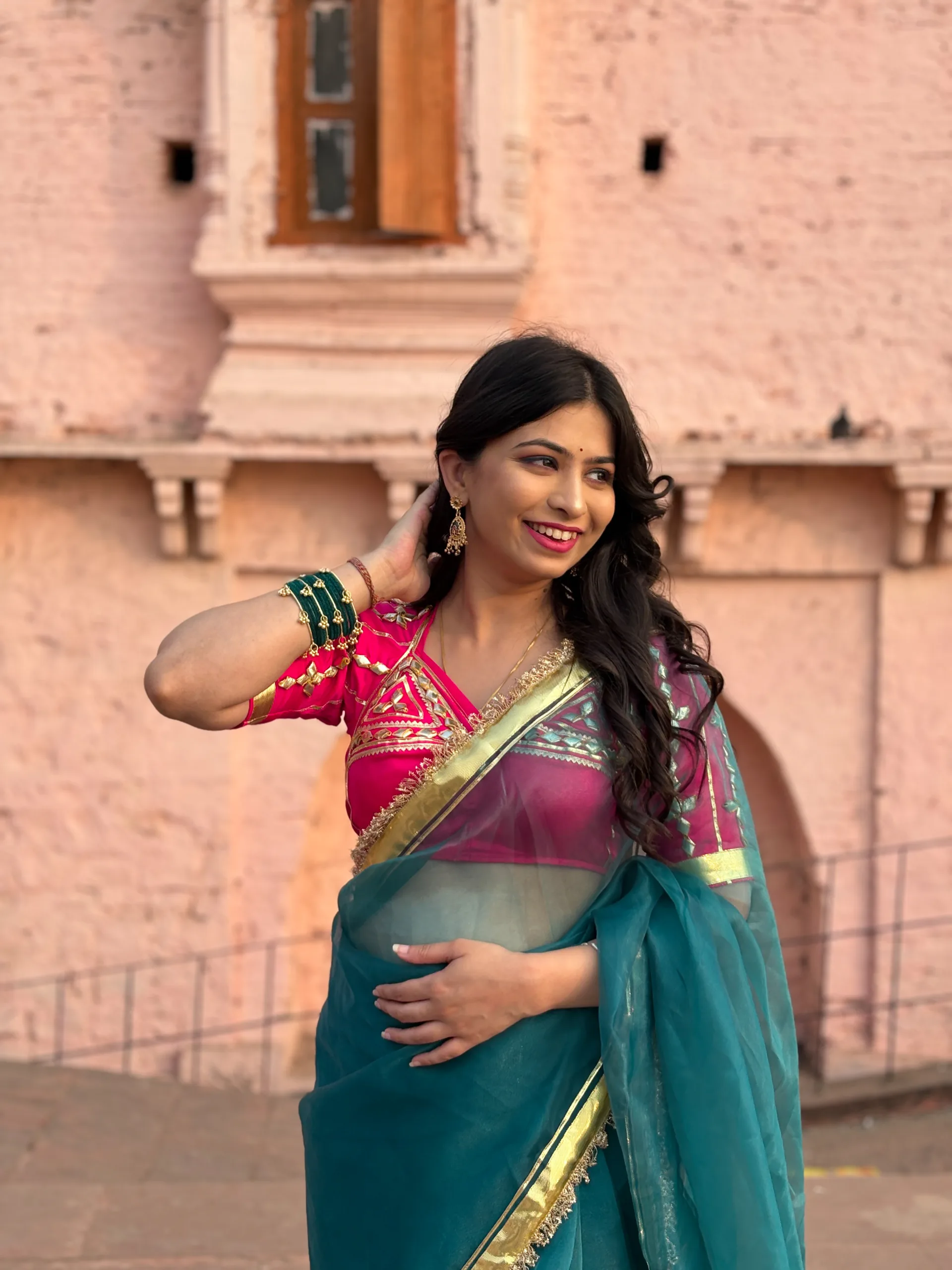 Siya Angi Saree – Teal Green Organza Saree with Gota Hand Work & Bright Pink Rajputi Blouse - Image 2