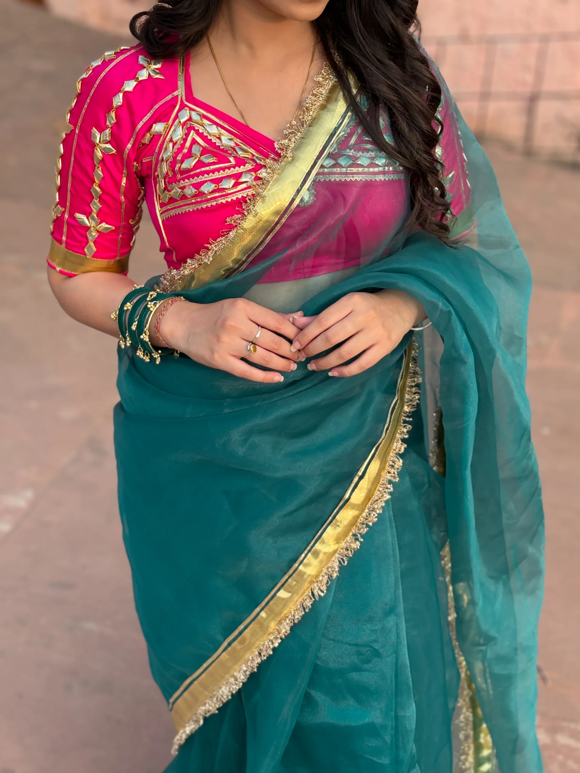 Siya Angi Saree – Teal Green Organza Saree with Gota Hand Work & Bright Pink Rajputi Blouse - Image 6