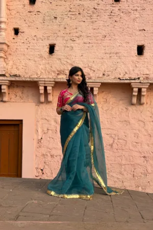 Siya Angi Saree – Teal Green Organza Saree with Gota Hand Work &  Bright Pink Rajputi Blouse