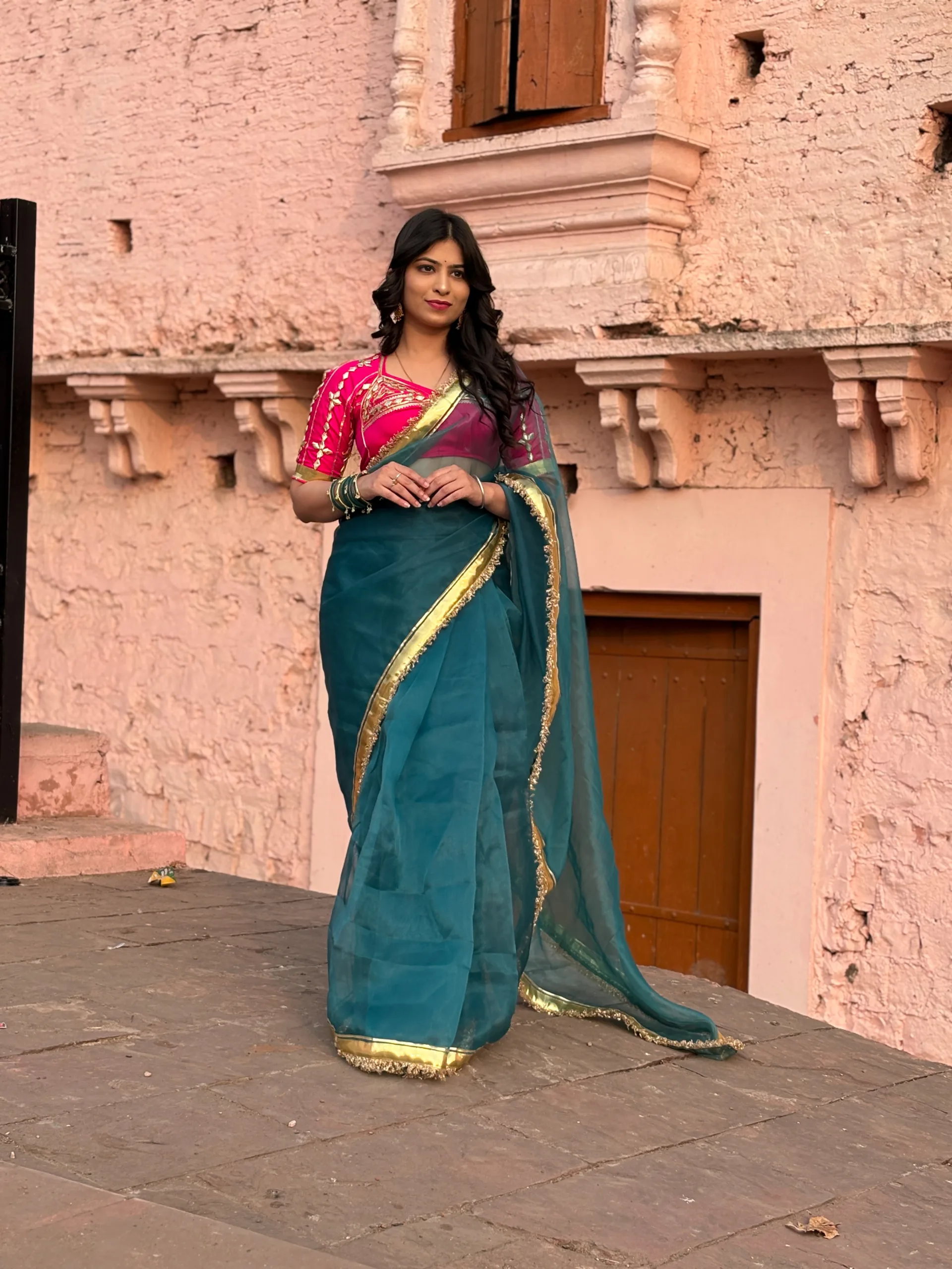 Siya Angi Saree – Teal Green Organza Saree with Gota Hand Work & Bright Pink Rajputi Blouse - Image 7