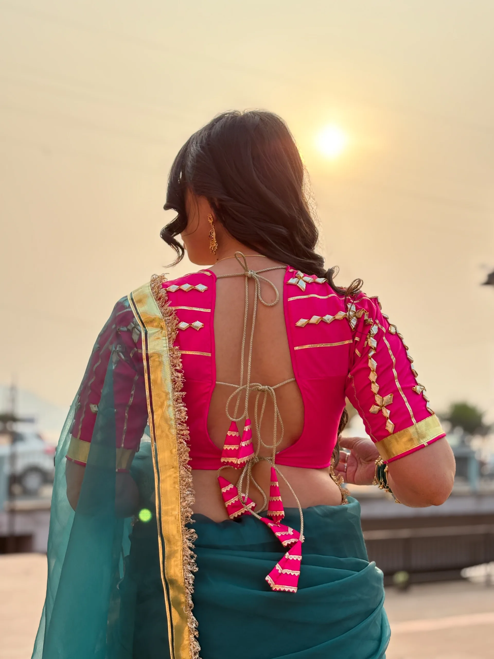 Siya Angi Saree – Teal Green Organza Saree with Gota Hand Work & Bright Pink Rajputi Blouse - Image 5