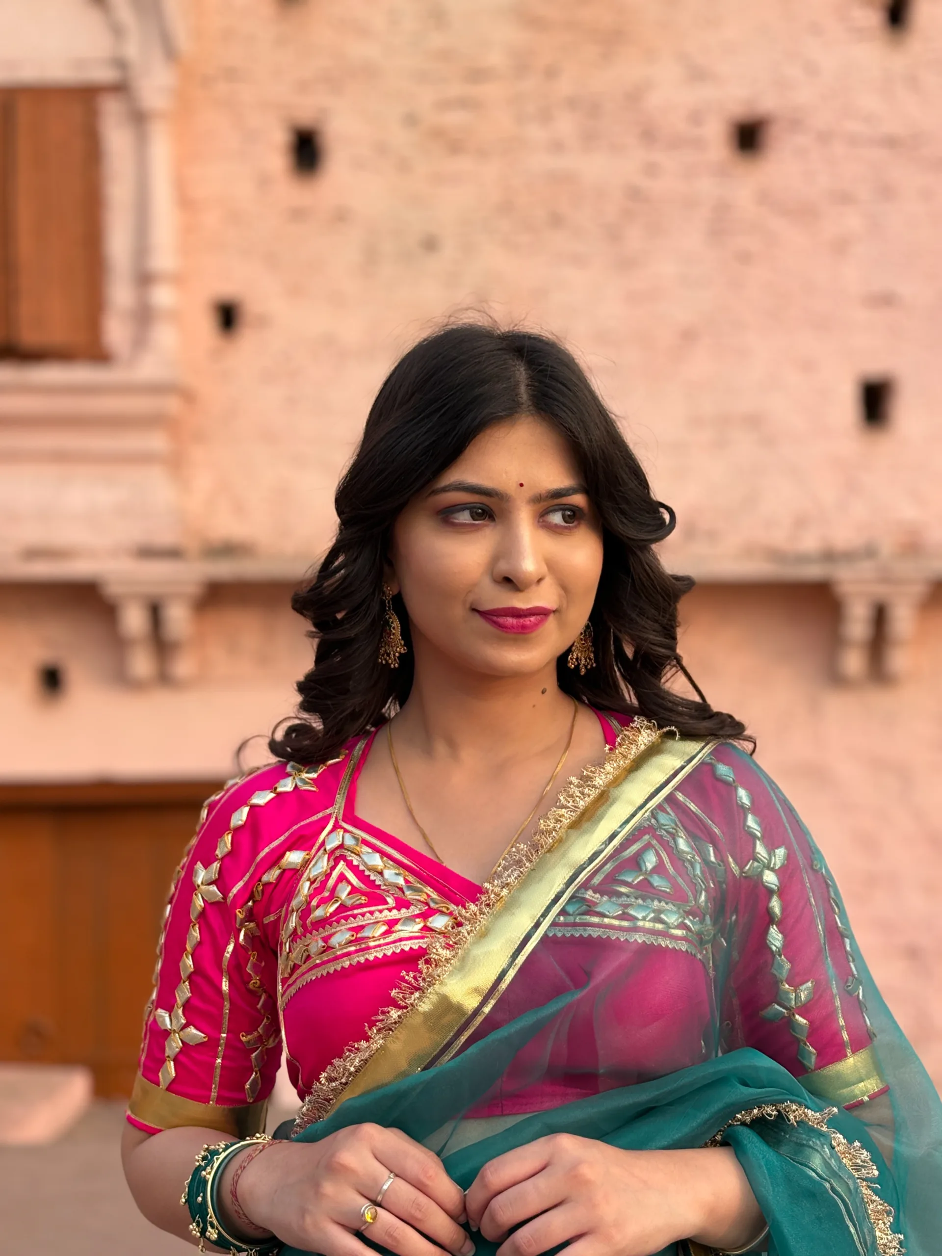 Siya Angi Saree – Teal Green Organza Saree with Gota Hand Work & Bright Pink Rajputi Blouse - Image 3