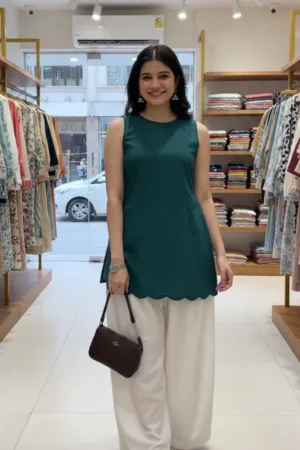 Trendy designer Cotton Coat set | Sleeveless Scalloped Kurti with Salwar-Palazzo Fusion Bottom