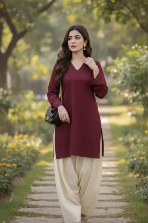 Maroon Cotton  Co-ord Set – Stylish V-Neck Kurti with Farshi Salwar