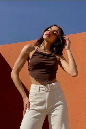 Women’s Brown Backless Halter Neck Top | Ruched Slim Fit Summer Top | Cotton Rayon Blend Stylish Crop Top