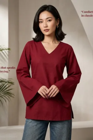 Suvashi Women's Maroon Solid V-Neck Kurta with Elegant Bell Sleeves