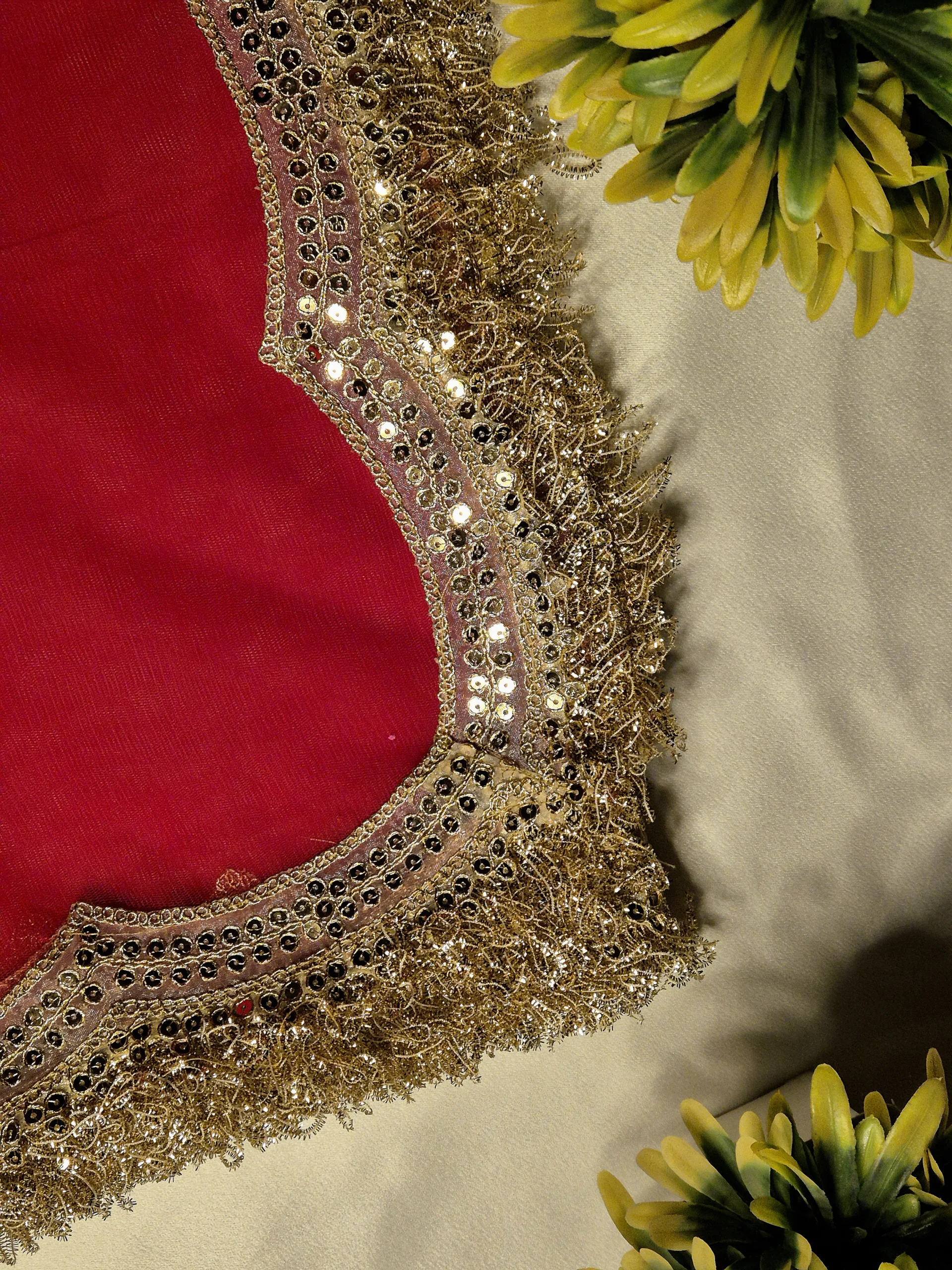 Net Bridal Dupatta with Embroidered Lace Border (Red) - Image 3