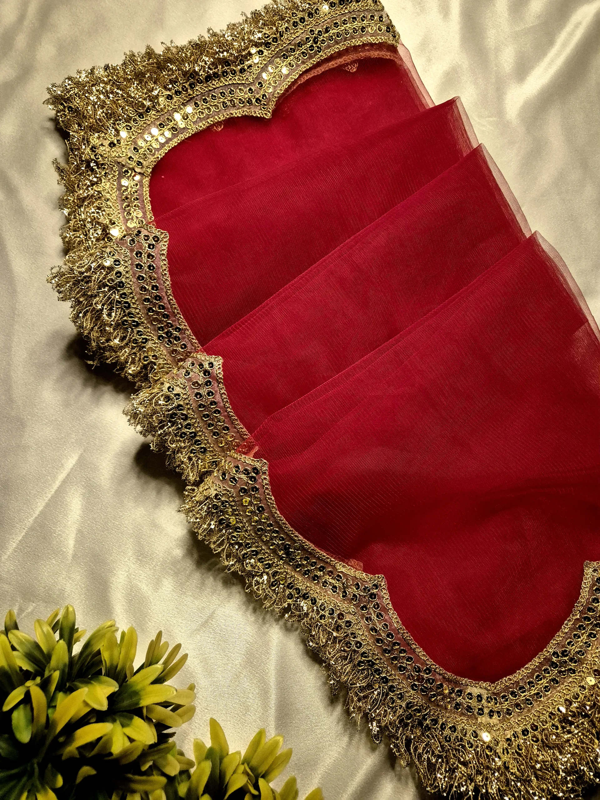 Net Bridal Dupatta with Embroidered Lace Border (Red) - Image 2