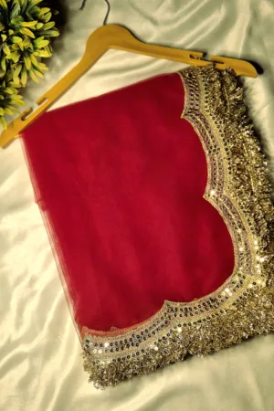 Net Bridal Dupatta with Embroidered Lace Border (Red)