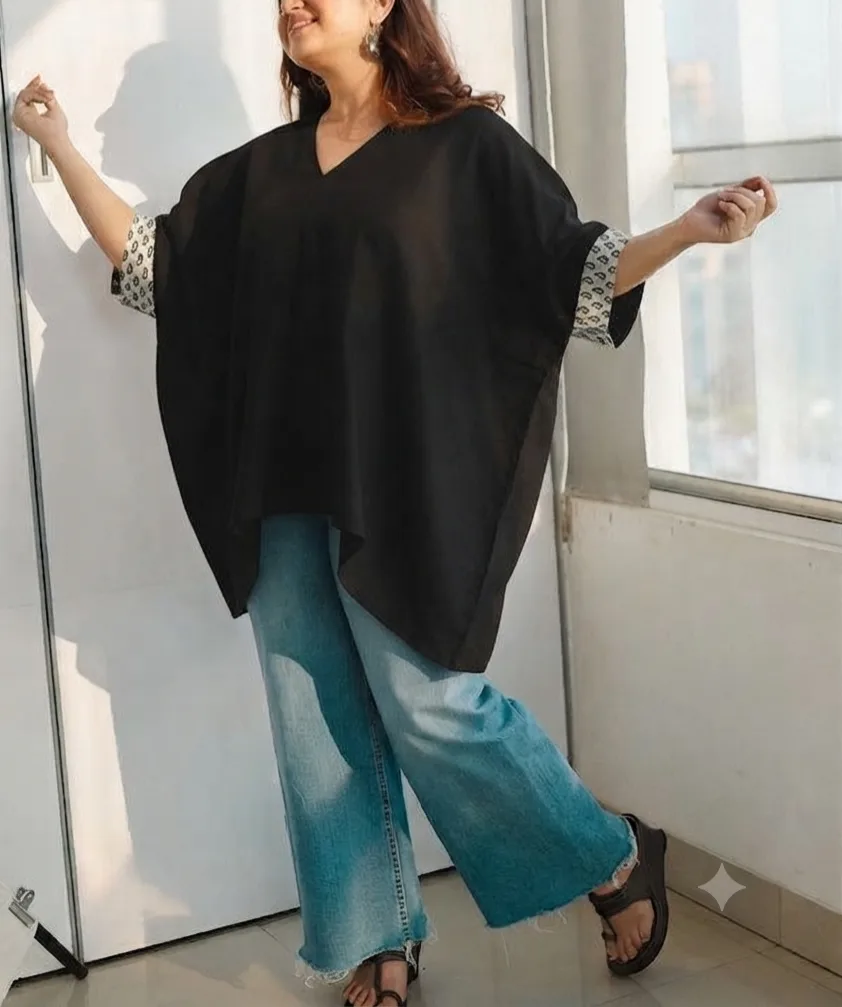 Women's Oversized Black Top with Block Print Sleeve Cuffs | Casual V-Neck Loose Fit Top - Image 2