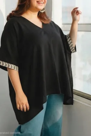 Women's Oversized Black Top with Block Print Sleeve Cuffs | Casual V-Neck Loose Fit Top