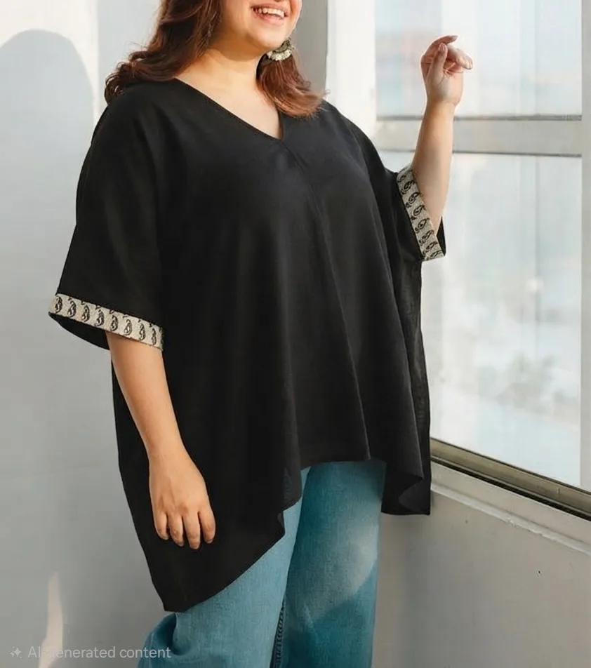 Women's Oversized Black Top with Block Print Sleeve Cuffs | Casual V-Neck Loose Fit Top