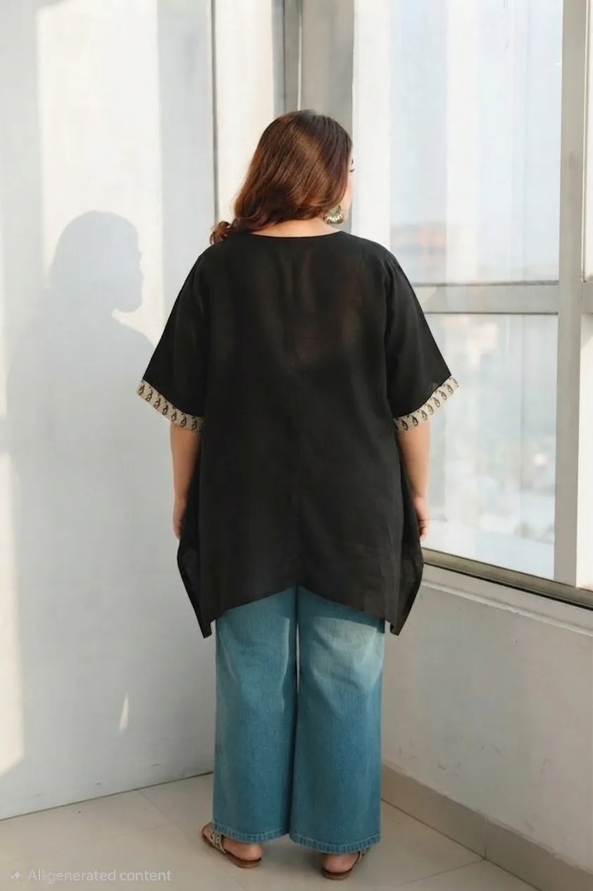 Women's Oversized Black Top with Block Print Sleeve Cuffs | Casual V-Neck Loose Fit Top - Image 3
