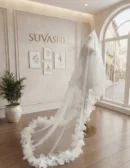Suvashi White Church Wedding Veil | Christian Bridal Veil with 3D Organza Flower Border | Long Cathedral Veil for Bride